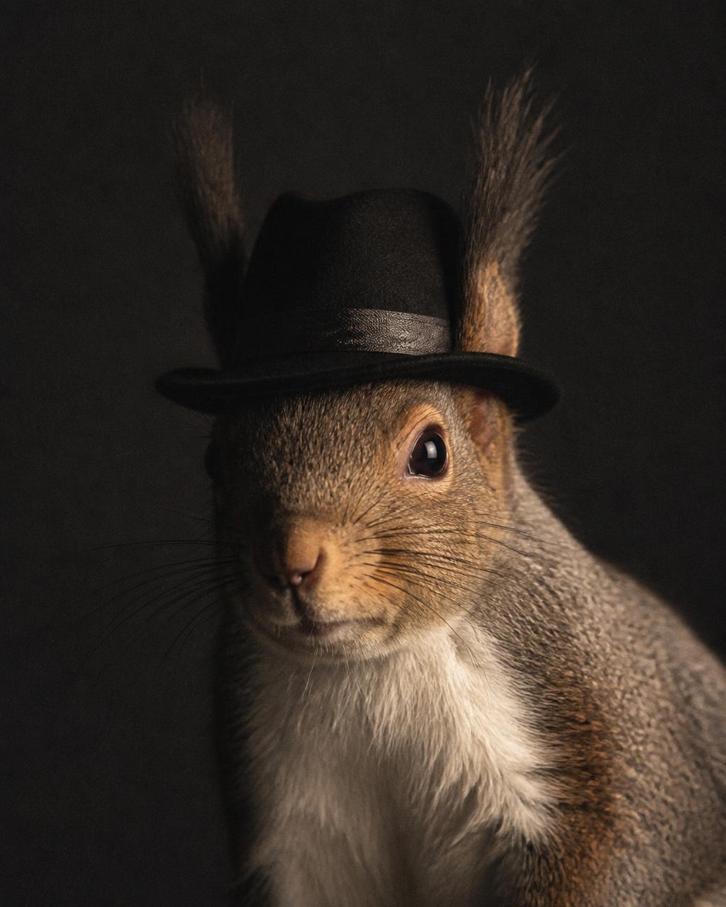 Retrato de la ardilla cantante con sombrero
